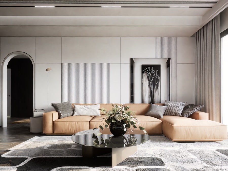 a living room with a couch and a table