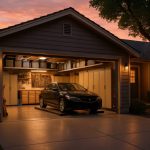 Sleek modern car parked inside a perfectly organized residential garage at sunset.