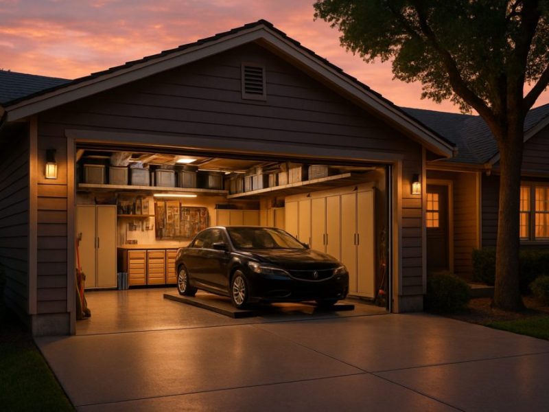 Sleek modern car parked inside a perfectly organized residential garage at sunset.