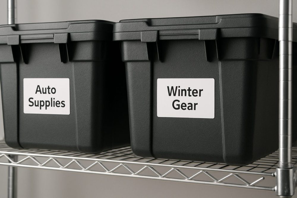 Two distinctly labeled heavy-duty storage bins sitting securely on a metal shelf.