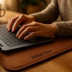 Hands typing on laptop, personalized desk mat underneath.
