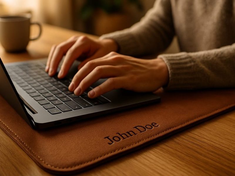 Hands typing on laptop, personalized desk mat underneath.