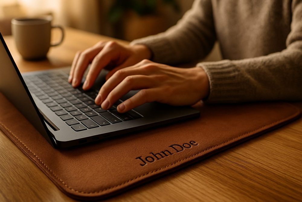 Hands typing on laptop, personalized desk mat underneath.