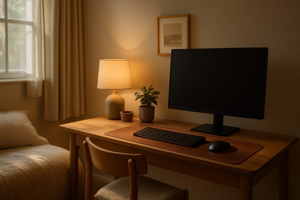 Cozy workspace with computer and warm lighting