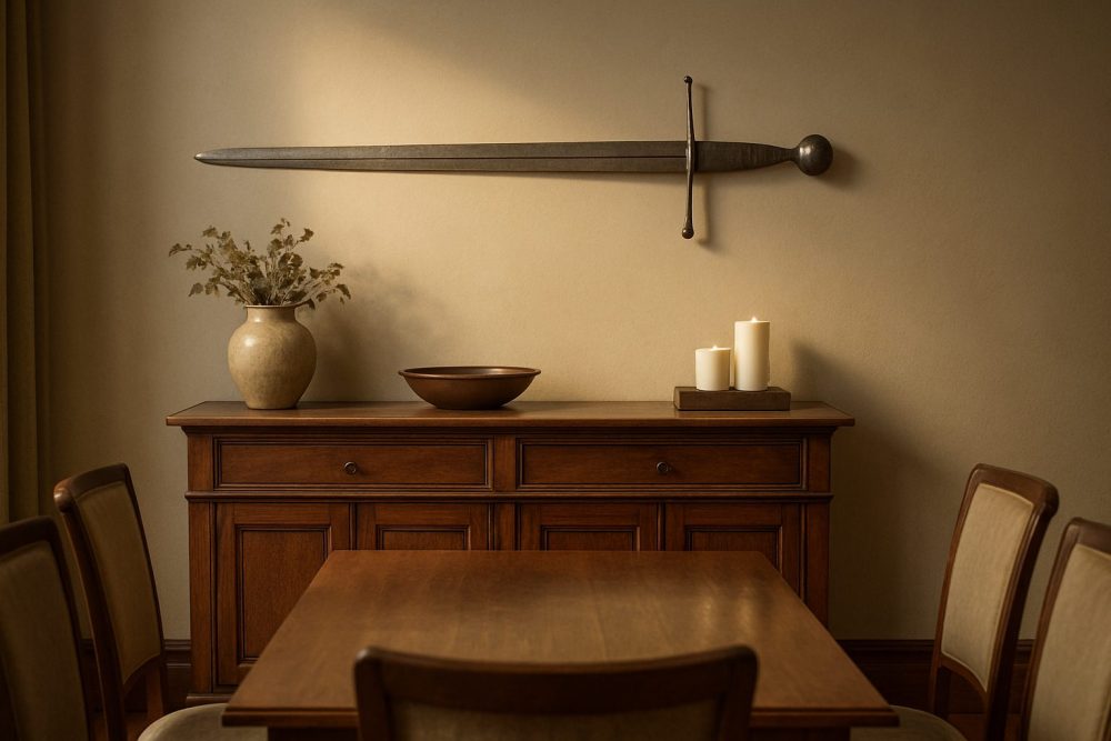 Elegant dining area with medieval sword wall decor