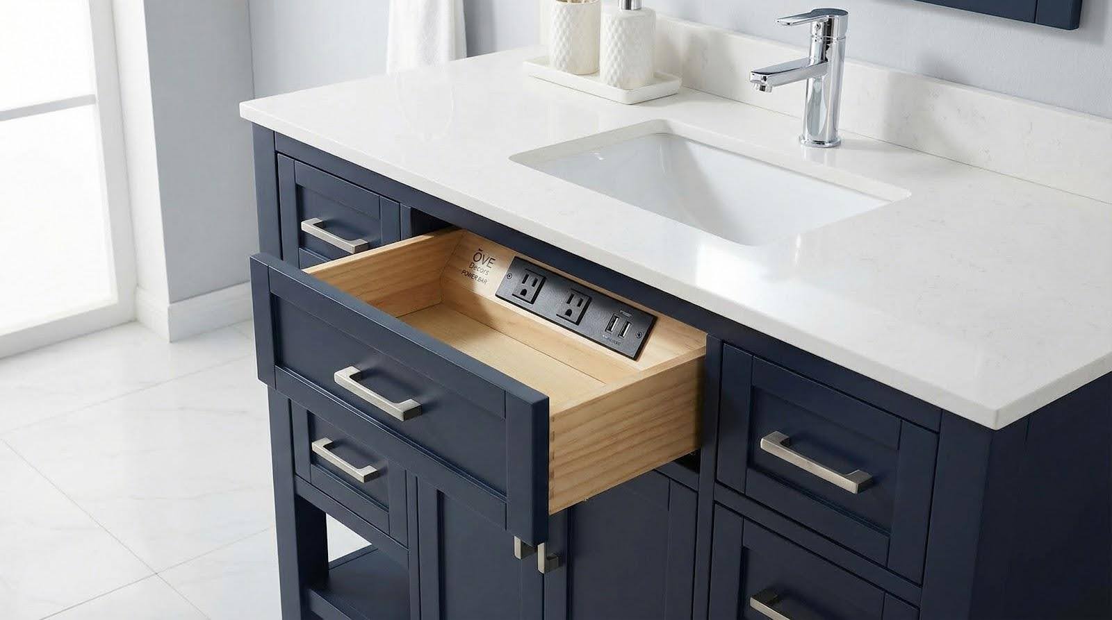 OVE Tahoe Midnight Blue Shaker vanity with built-in power bar