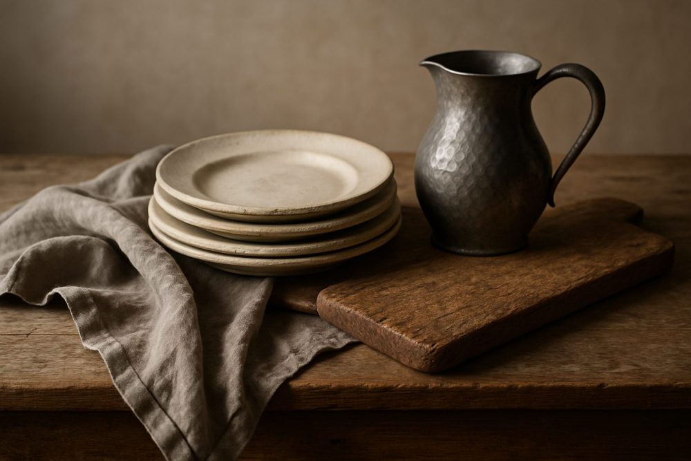 Stacked plates and vintage pitcher on rustic table.