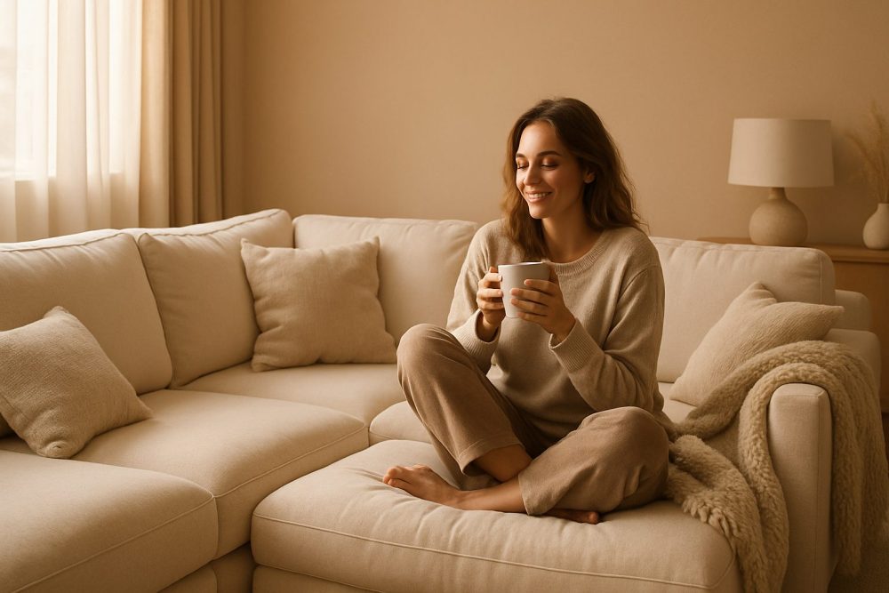 Woman sitting on a cozy sofa while holding a mug.
