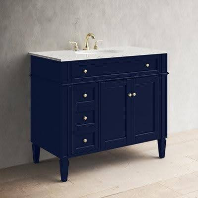 Birch Lane navy Shaker bathroom vanity with furniture-style legs