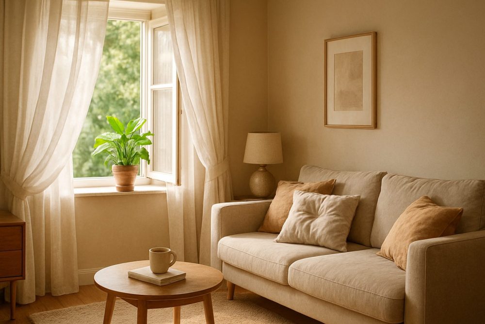 Cozy living room with beige sofa and open window.