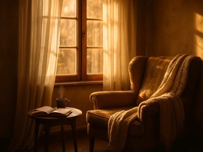 Cozy armchair by sunlit window with book and coffee.