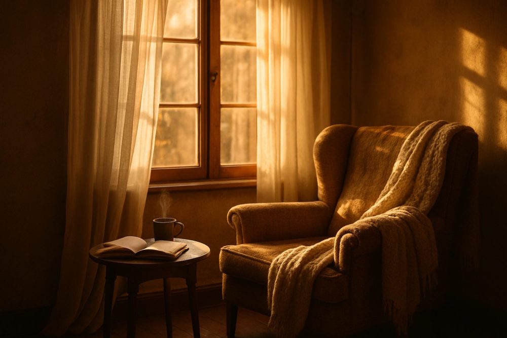 Cozy armchair by sunlit window with book and coffee.