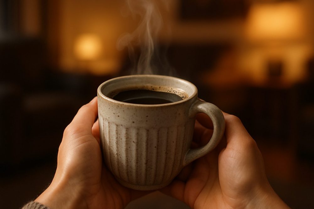Two hands holding a steaming mug of coffee