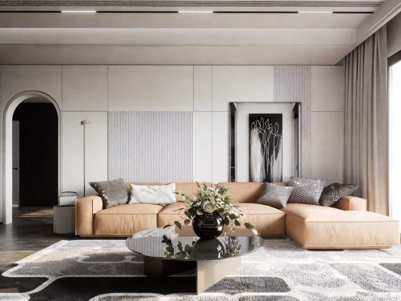 a living room with a couch and a table