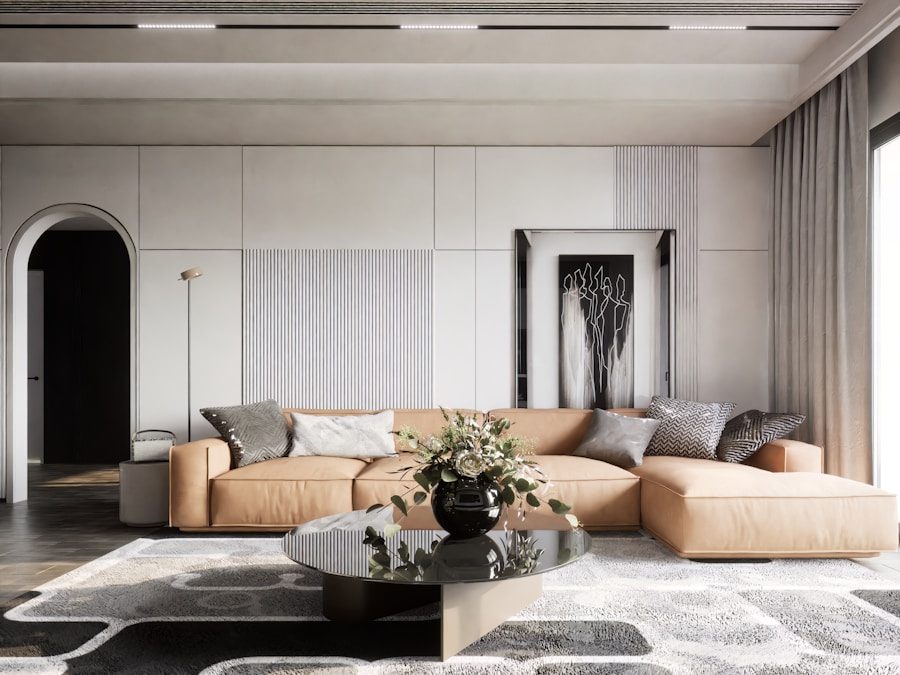 a living room with a couch and a table