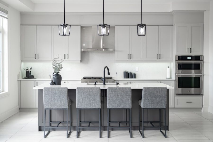 Modern kitchen with island and bar stools
