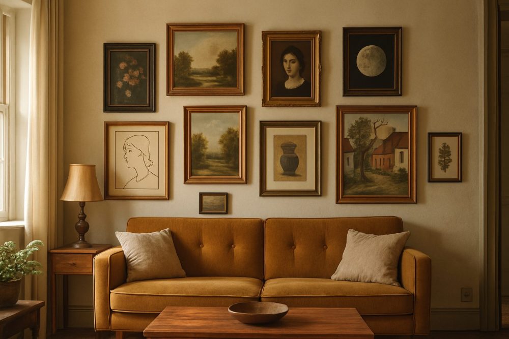 Cozy living room with framed artwork on wall