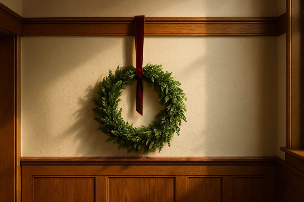 Green wreath with red ribbon hangs on wood-paneled wall