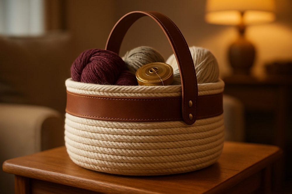 Basket with yarn and tin on wooden table