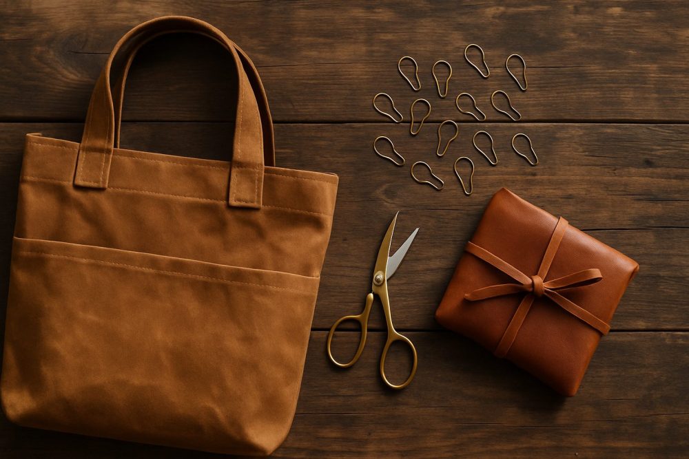 Brown tote bag, scissors, and wrapped package on wooden table.