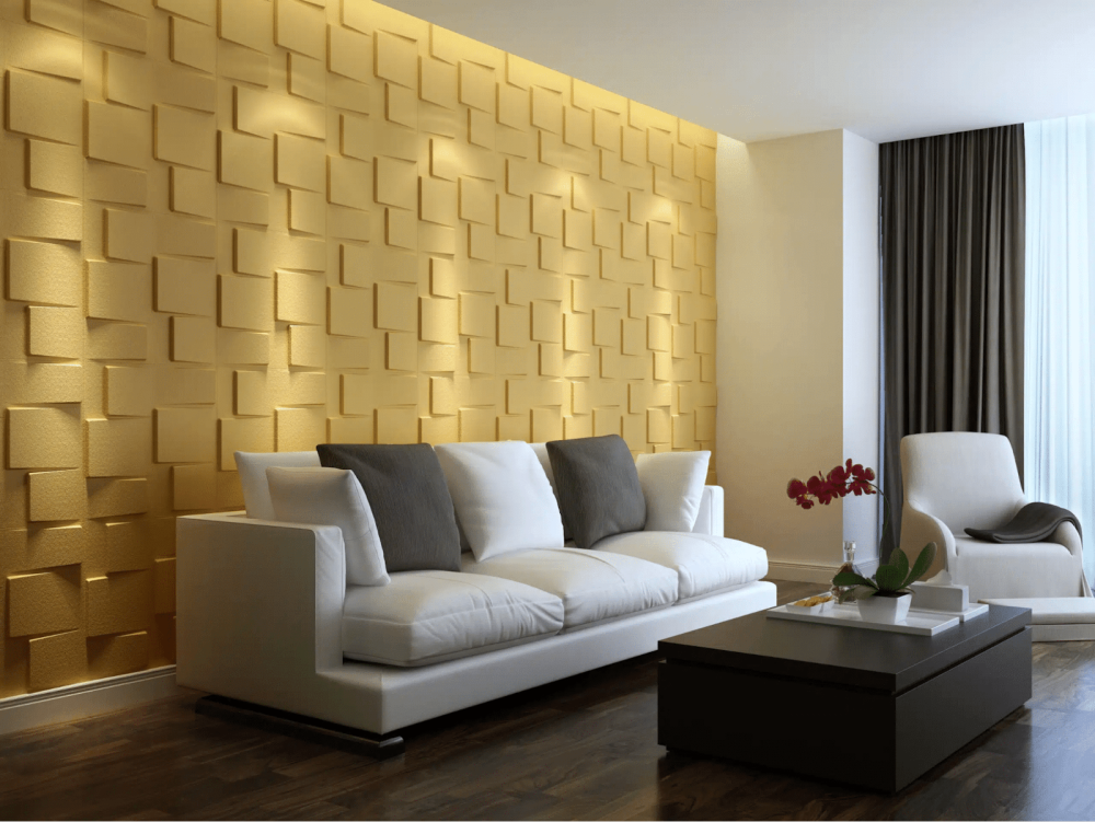 Modern living room with golden accent wall and contemporary furniture.
