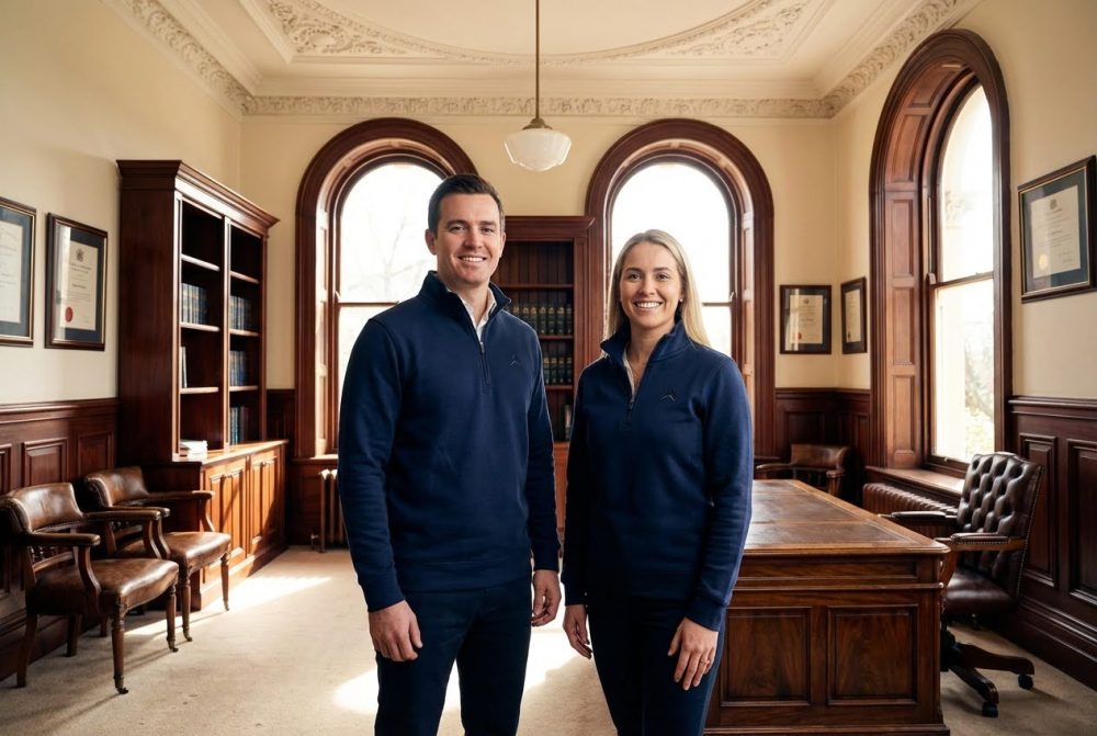 Two smiling professionals in matching navy blue quarter-zip jackets