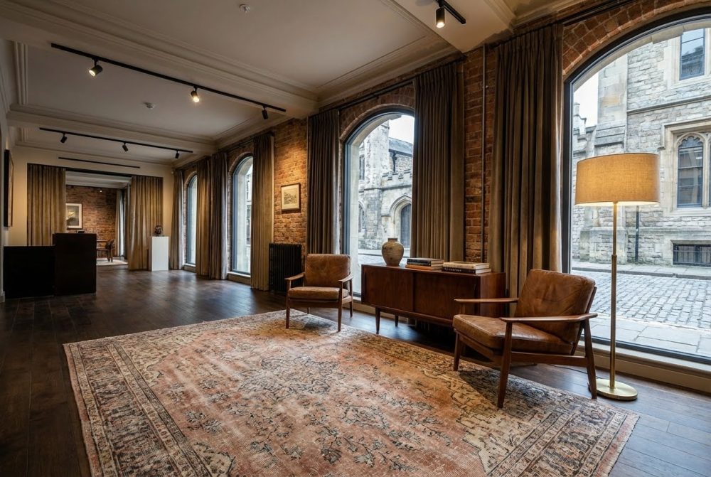 Vintage client waiting area with mid-century modern leather armchairs