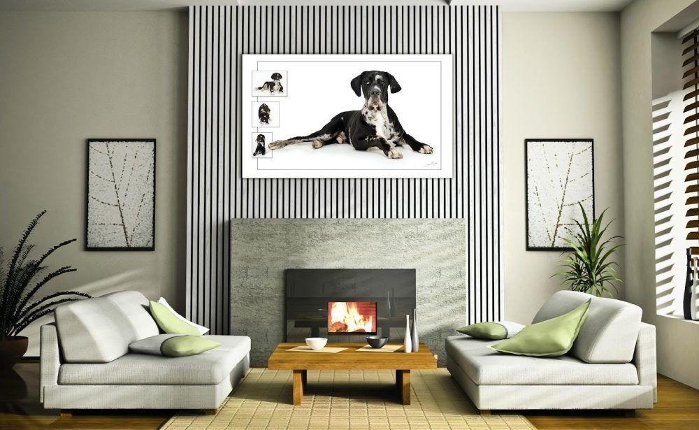 Modern living room with a dog-themed art piece above the fireplace.