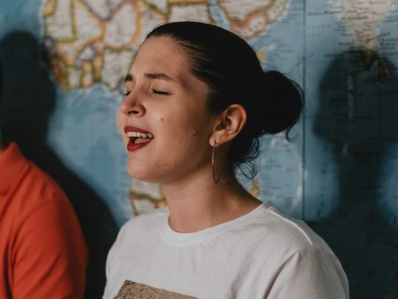 woman in white crew neck shirt