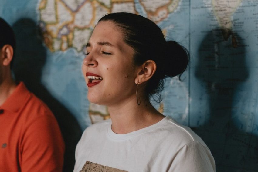 woman in white crew neck shirt