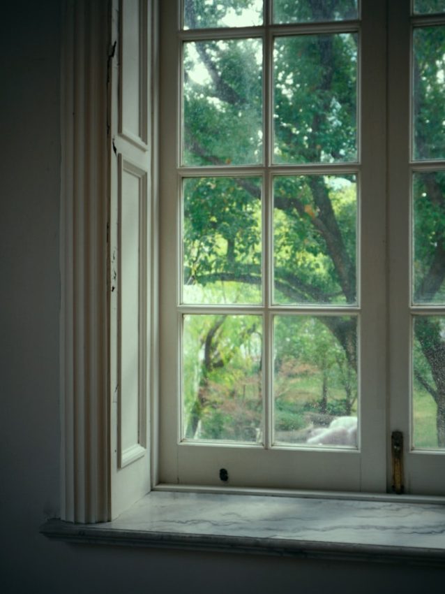 A window with a view of a tree outside