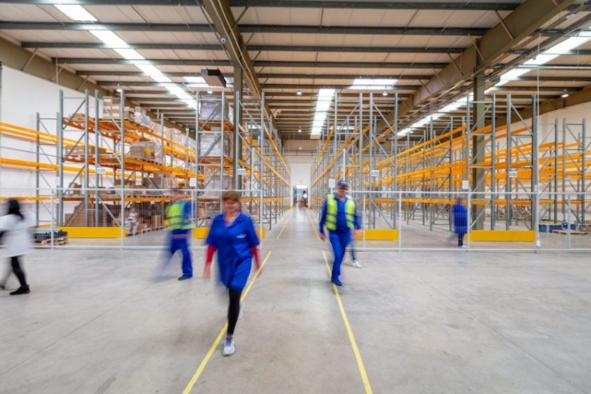 workers walking through warehouse aisle