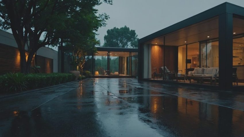 A house sitting on top of a wet road