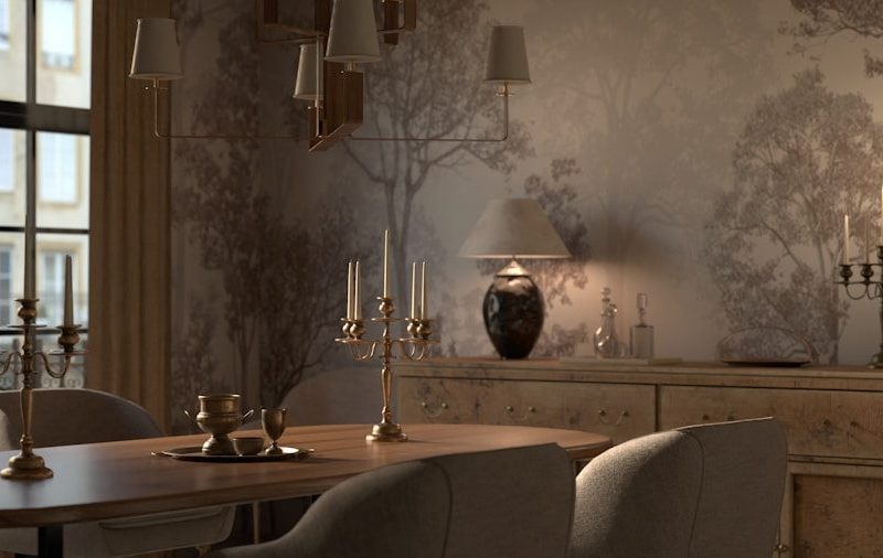 Elegant dining room with ornate candelabra and wallpaper.