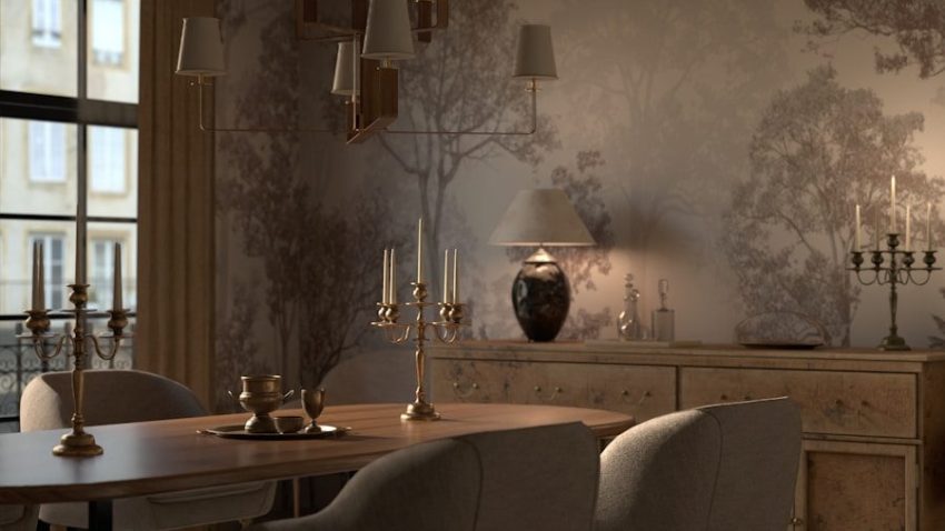 Elegant dining room with ornate candelabra and wallpaper.