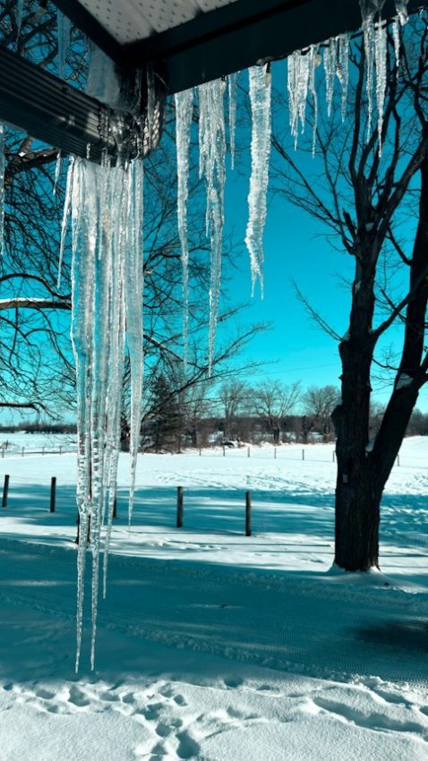 Icicles hang from a roof over a snowy landscape