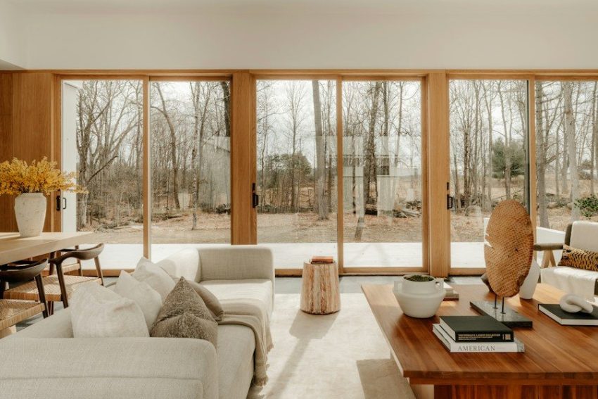 Modern living room with large windows overlooking trees