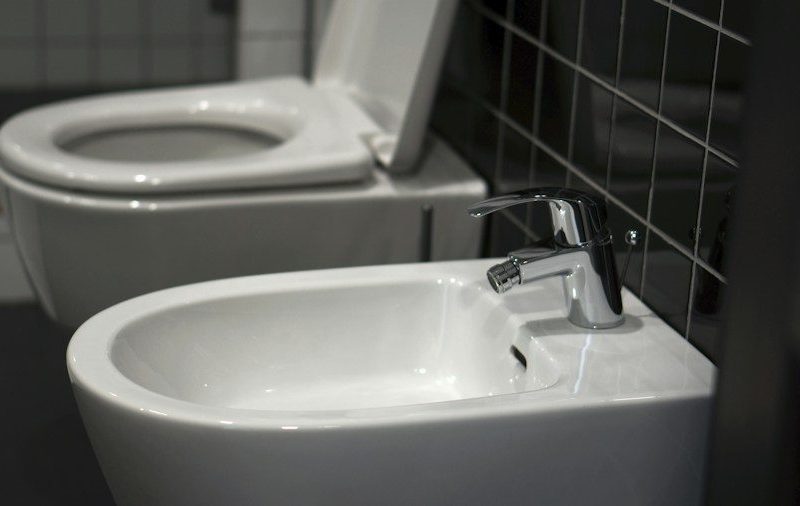 A white toilet sitting next to a white sink